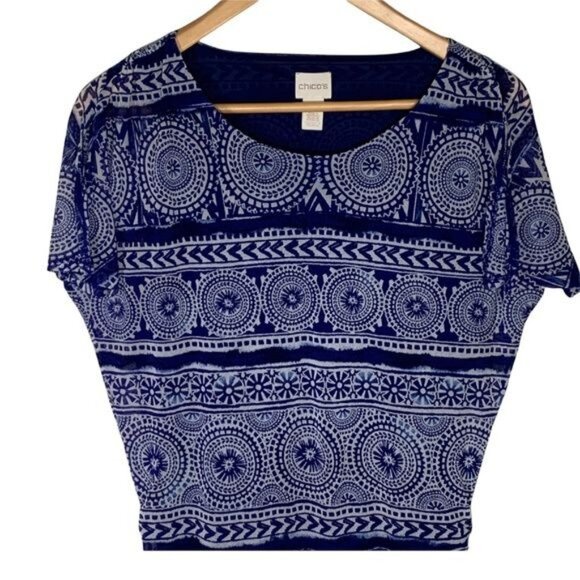 Chicos Blue White Print Mesh Top Small Short Sleeve Stretch - Picture 2 of 12